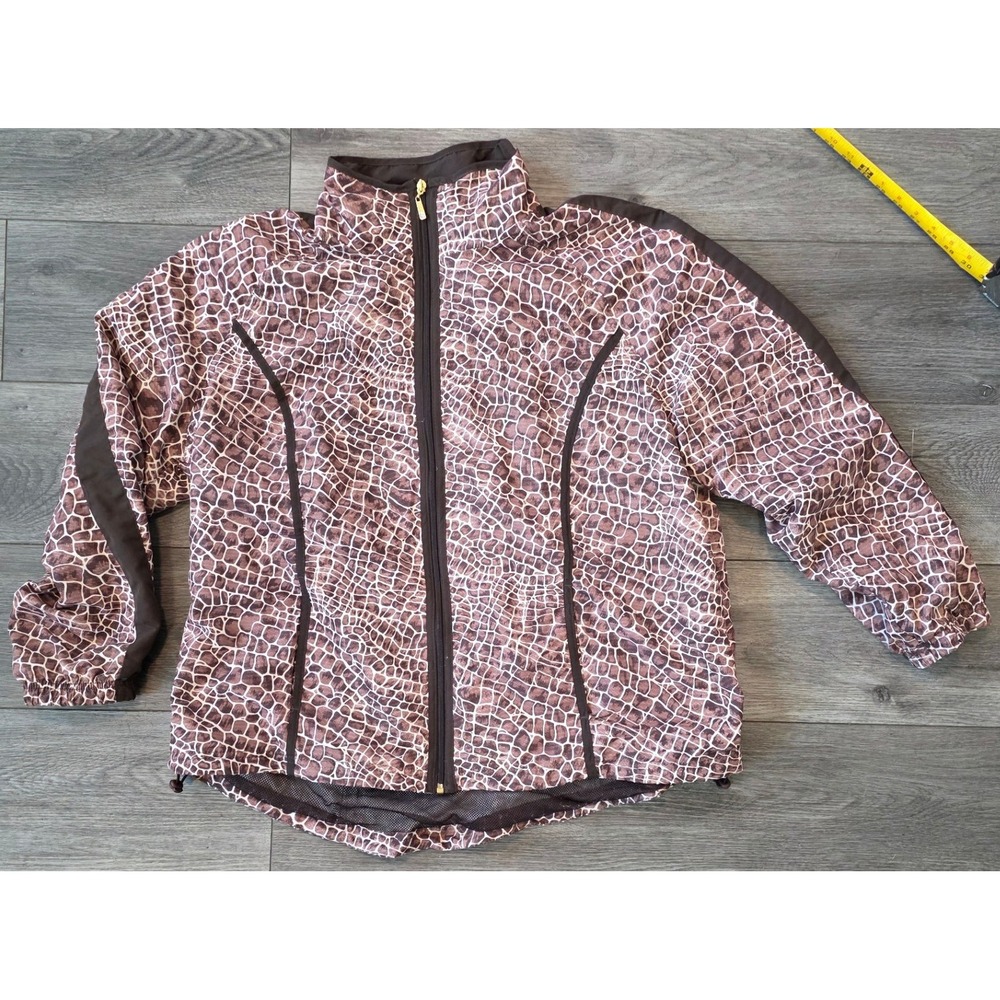 Ac-tiv-ology Women 1X Windbreaker Jacket Brown Giraffe Print Full Zip Mesh Lined